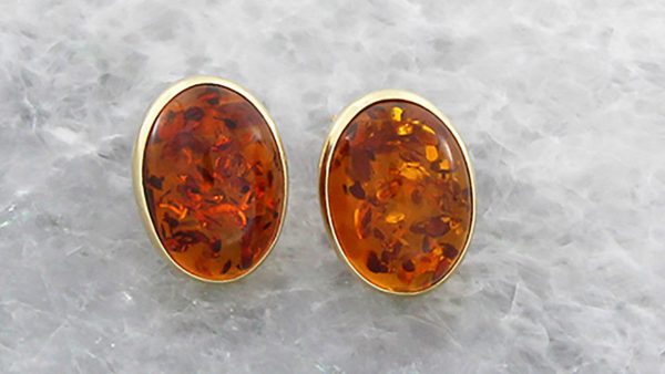 Italian Made Unique German Baltic Amber Oval Large Stud Earrings In 9ct solid Gold GS0017 RRP£325!!!