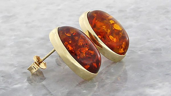 Italian Made Unique German Baltic Amber Oval Large Stud Earrings In 9ct solid Gold GS0017 RRP£325!!!