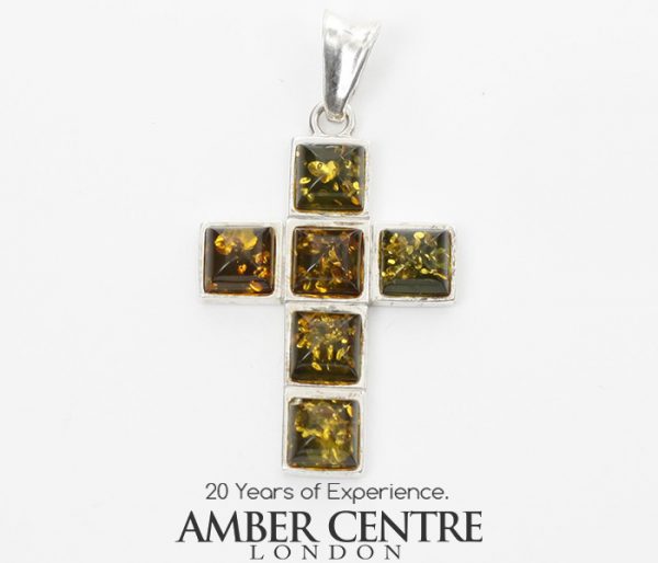 CROSS PENDANT HANDMADE Green GERMAN BALTIC AMBER IN 925 SILVER PD111G RRP£65!!!!