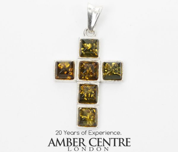 CROSS PENDANT HANDMADE Green GERMAN BALTIC AMBER IN 925 SILVER PD111G RRP£65!!!!