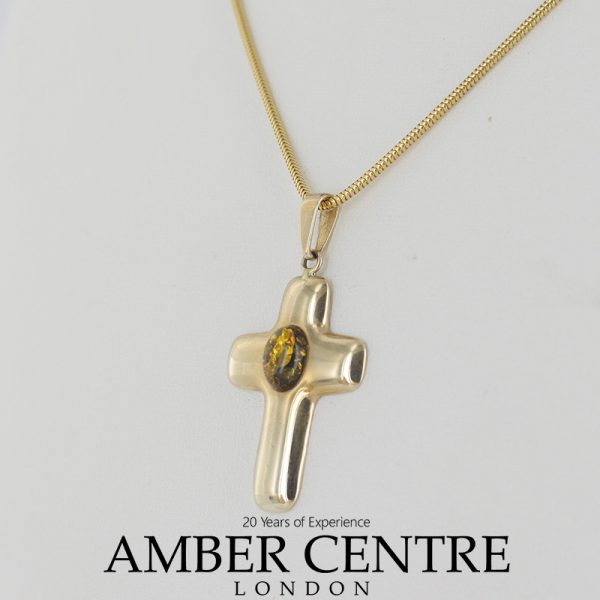 Italian Made solid 9ct Gold Cross Pendant Green German Baltic Amber - GP0086G RRP£275!!!