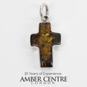 CROSS PENDANT HANDMADE GREEN GERMAN BALTIC AMBER IN 925 SILVER PD123G RRP£65!!!