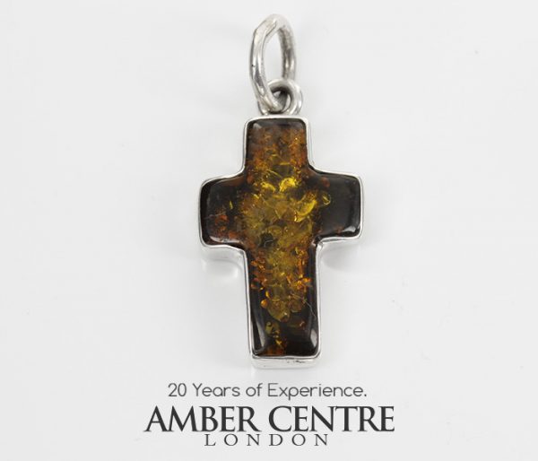 CROSS PENDANT HANDMADE GREEN GERMAN BALTIC AMBER IN 925 SILVER PD123G RRP£65!!!