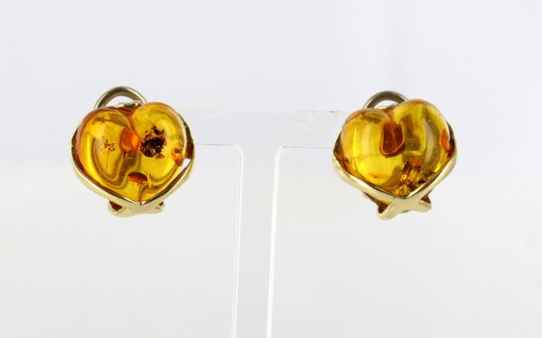 Italian Handmade German Baltic Amber Heart Stud Earrings In 9ct Gold GS0109