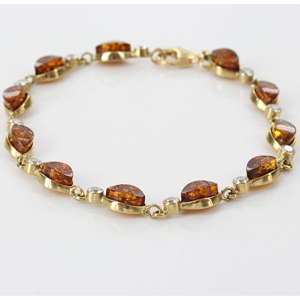 Italian Made German Baltic Amber With Beaded Zirconia In 9ct solid Gold Bracelet GBR083 RRP£695!!!
