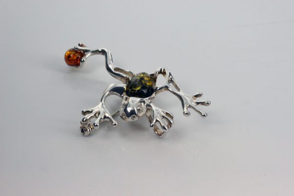 Italian Design Handmade Frog Brooch in 925 Sterling Silver Baltic Amber BD057 RRP£80!!!