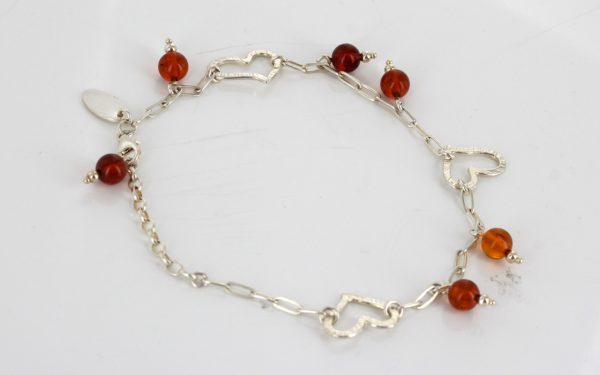 Italian Handmade Baltic Amber Bead Bracelet with Silver Hearts in 925 Sterling Silver BR084 RRP£70!!!