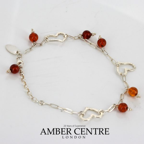 Italian Handmade Baltic Amber Bead Bracelet with Silver Hearts in 925 Sterling Silver BR084 RRP£70!!!