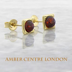 Stud Earrings 9ct solid Gold Italian Made German Baltic Amber GS0035 RRP£125!!!