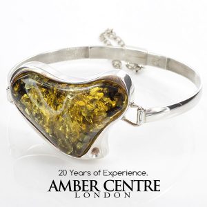 German Green Baltic Amber Bangle HANDMADE HEART Solid 925 Sterling SILVER -BAN070 RRP £375!!!