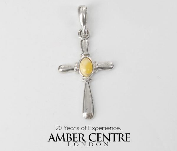 MILKY BUTTERSCOTCH BALTIC AMBER CROSS PENDANT in 925 SILVER-PE0135 RRP£40!!