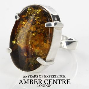 Handmade German Cognac/Green Genuine Baltic Amber Ring In 925 Sterling Silver WR125 RRP£130!!!Size Q(58)
