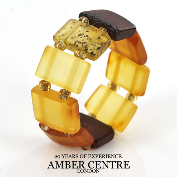 German Baltic Opaque Yellow & Cognac Amber Handmade Elastic Ring RB012 RRP£35!!!