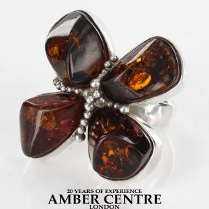 GERMAN HANDMADE BALTIC AMBER RING 925 SILVER CLOVER SHAPE ,ADJUSTABLE, WR016 RRP£195!!!