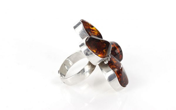 GERMAN HANDMADE BALTIC AMBER RING 925 SILVER CLOVER SHAPE ,ADJUSTABLE, WR016 RRP£195!!!