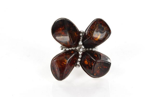 GERMAN HANDMADE BALTIC AMBER RING 925 SILVER CLOVER SHAPE ,ADJUSTABLE, WR016 RRP£195!!!