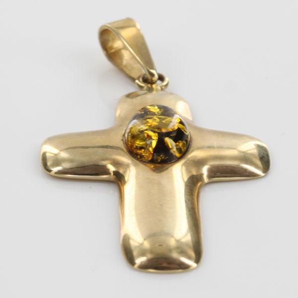 Italian Made solid 9ct Gold Cross Pendant Green German Baltic Amber - GP0086G RRP£275!!!