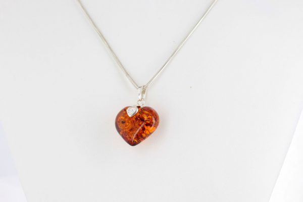 German Baltic Amber Heart Pendant 925 Silver +free 16" chain PE0063 RRP£75!!!