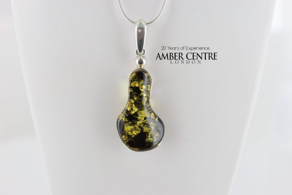 Baltic Green Pear-shaped Amber Pendant 925 Silver Hand Made PE0257 - RRP 90!!