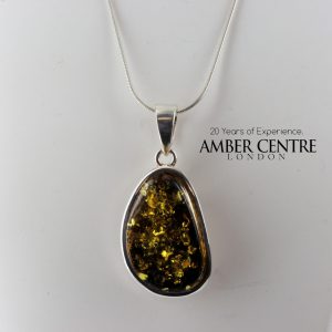 Classic Green Amber Pendant 925 Silver Hand Made PE0272- RRP 120!!