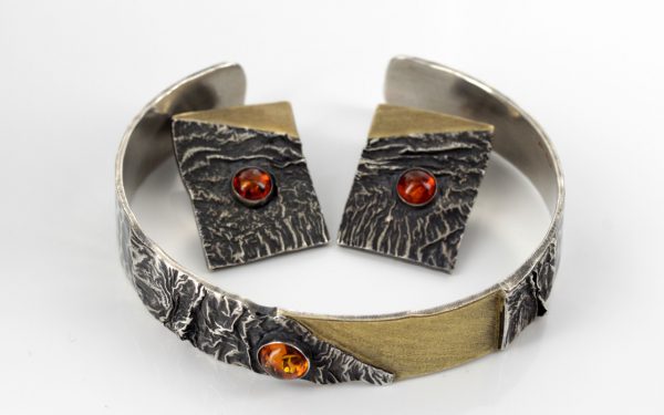 Handmade German Amber Clip Earrings and Bangle 925 Silver +14ct Gold Plated SET15 £495!!!