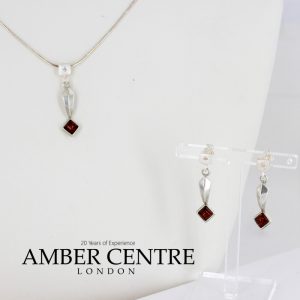 Italian Made Baltic Amber 925 Silver Necklace and Earrings Set with Diamond Elements SET17 RRP£125!!!