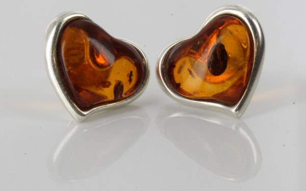 German Baltic Amber Unique Heart Shaped Stud Earrings 925 Silver Handmade ST0017 RRP£35!!!