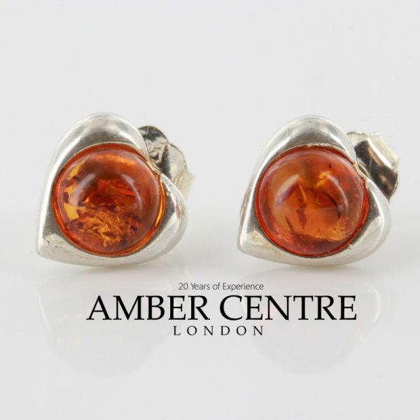 Heart Shaped German Baltic Amber Handmade Stud Earrings In 925 Silver ST0021 RRP£18!!!