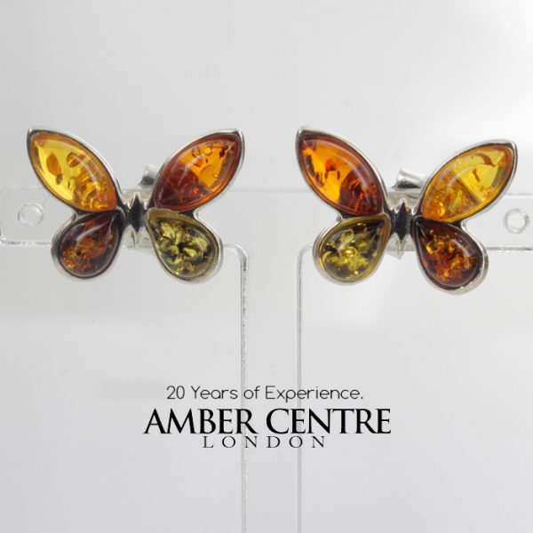 German Baltic Multicoloured Amber Handmade Stud Earrings 925 Silver ST0038 RRP £28!!!