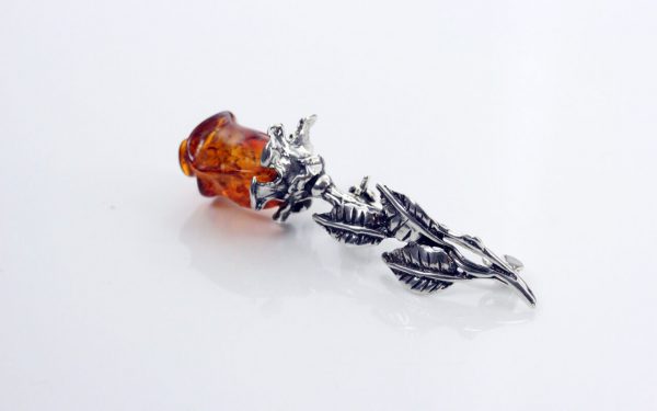 HANDMADE GERMAN BALTIC AMBER UNIQUE ROSE BROOCH 925 SILVER-BD004 RRP£60!!!