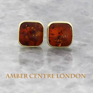 Italian Made Unique German Baltic Amber Square Studs 9ct Solid Gold GS0093 RRP£185!!!