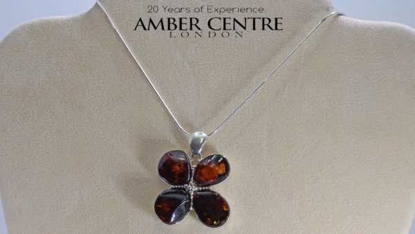Handmade Elegant Baltic Amber Flower Pendant in 925 Silver Free Silver Chain PE0026 RRP£225!!!