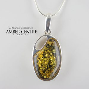 Green Amber Unique Pendant German Baltic 925 Silver Handmade PE0231– RRP£120!!!