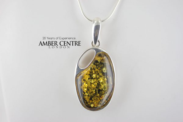 Green Amber Unique Pendant German Baltic 925 Silver Handmade PE0231– RRP£120!!!