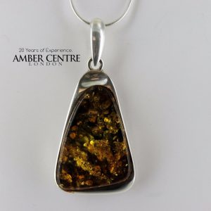 Baltic Unique German Green Amber Pendant 925 Silver Hand Made PE0232– RRP£125!!