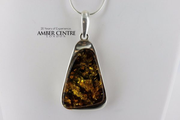 Baltic Unique German Green Amber Pendant 925 Silver Hand Made PE0232– RRP£125!!