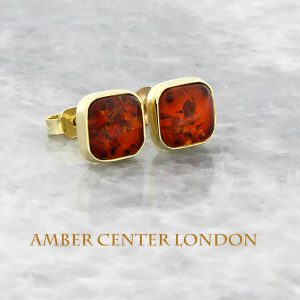 Italian Made Unique German Baltic Amber Square Studs 9ct Solid Gold GS0093 RRP£185!!!