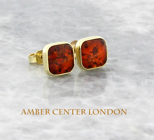 Italian Made Unique German Baltic Amber Square Studs 9ct Solid Gold GS0093 RRP£185!!!