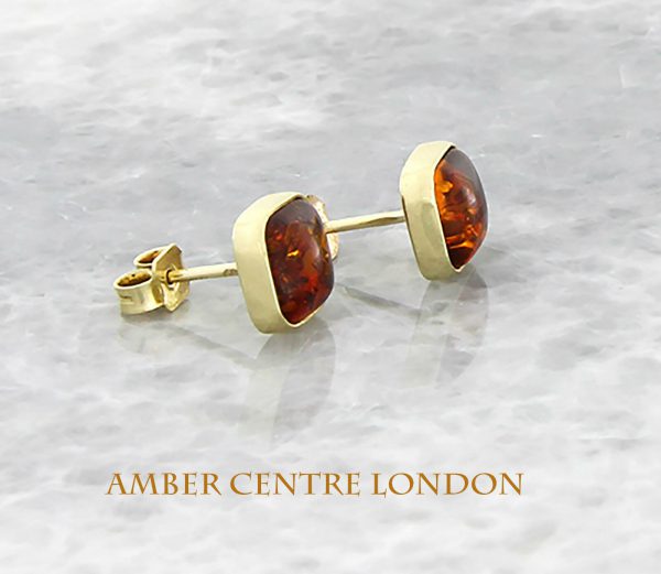 Italian Made Unique German Baltic Amber Square Studs 9ct Solid Gold GS0093 RRP£185!!!