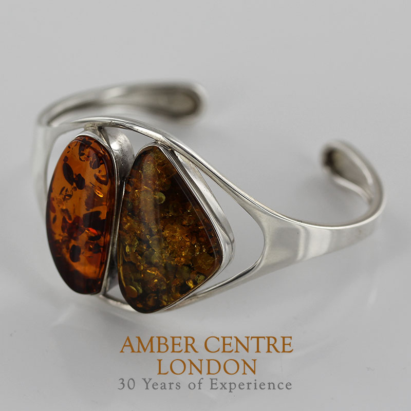 Bangle, German Green/Honey Baltic Ambers Handmade Solid 925 Sterling Silver - BAN057 - RRP£395!!!
